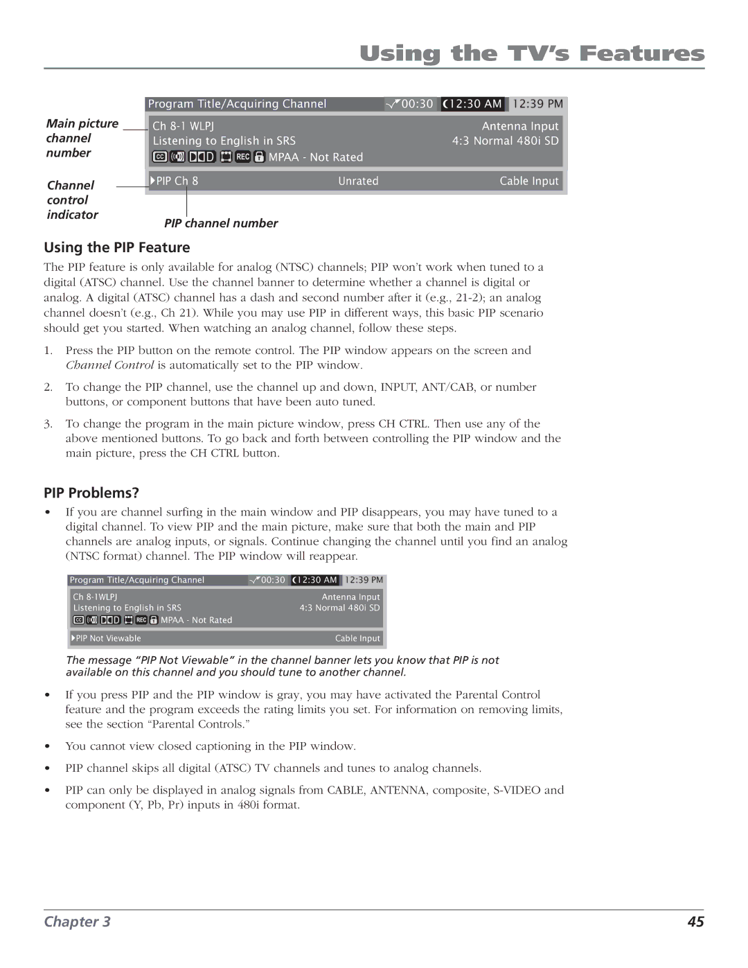 RCA HD61LPW52 manual Using the PIP Feature, PIP Problems? 