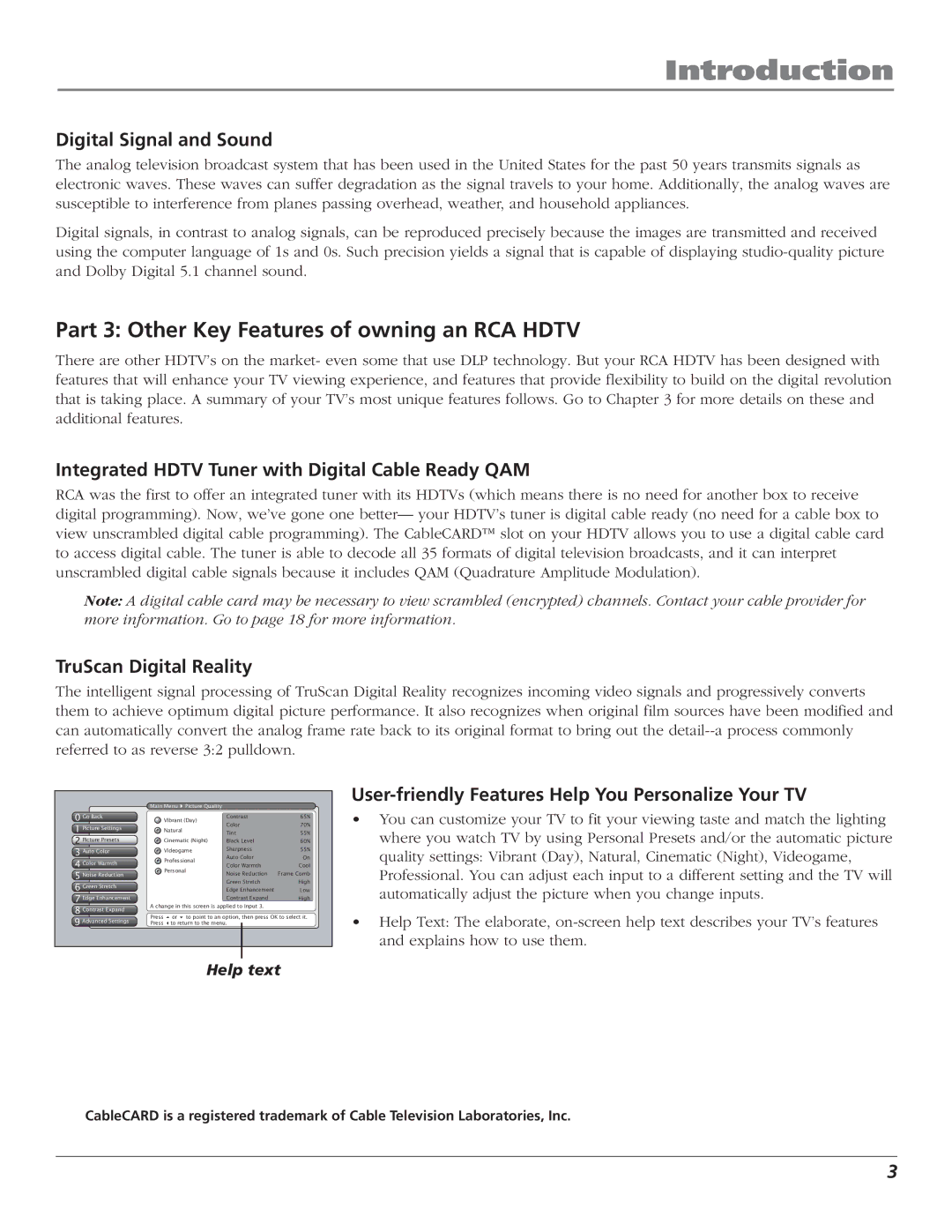 RCA HD61LPW52 manual Part 3 Other Key Features of owning an RCA Hdtv, Digital Signal and Sound, TruScan Digital Reality 