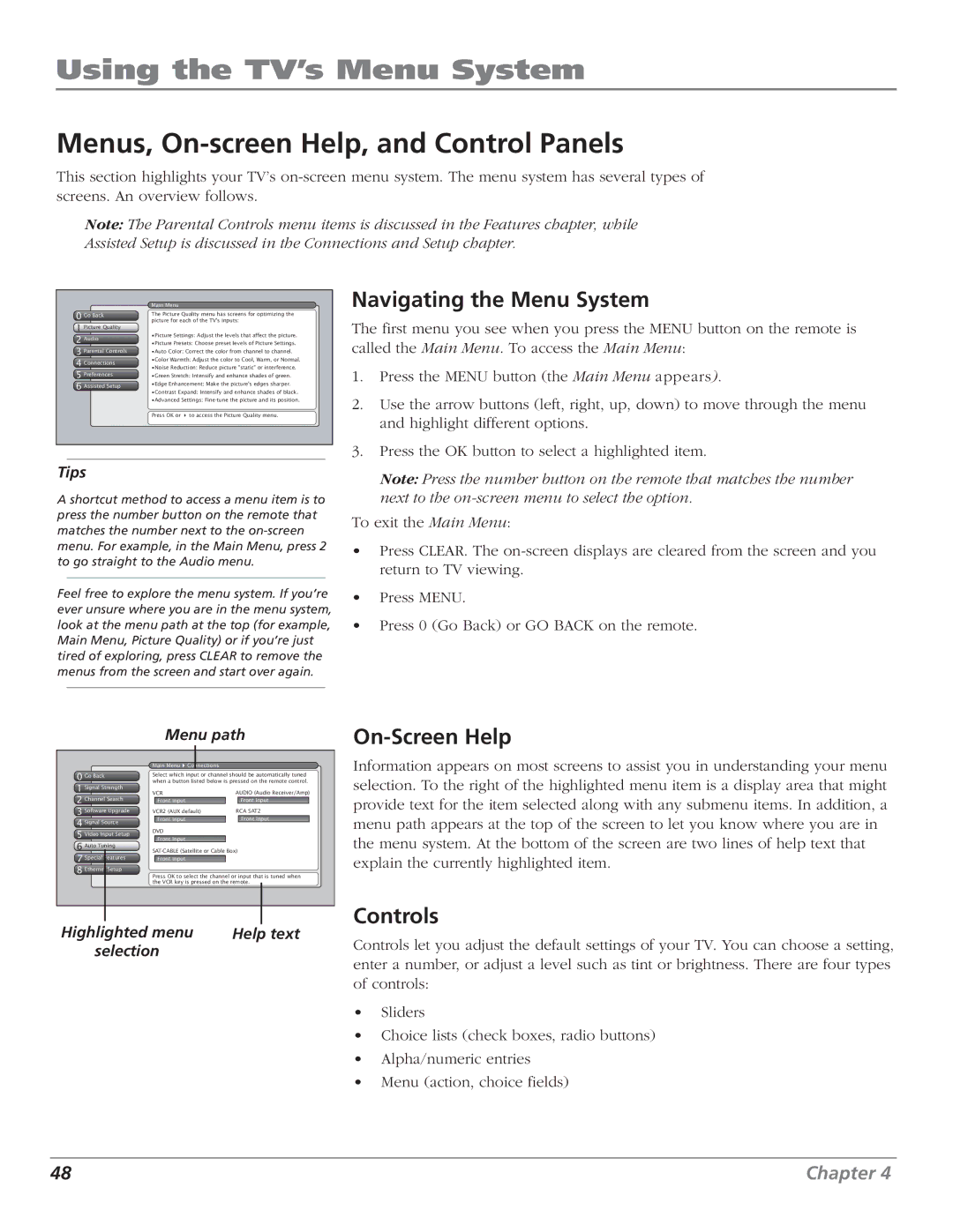 RCA HD61LPW52 Using the TV’s Menu System, Menus, On-screen Help, and Control Panels, Navigating the Menu System, Controls 