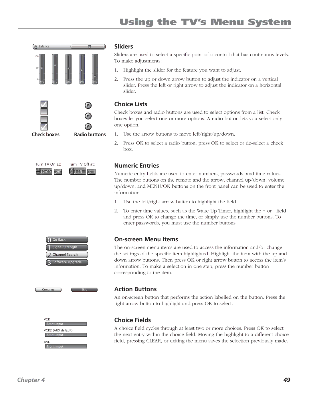 RCA HD61LPW52 manual Sliders, Choice Lists, Numeric Entries, On-screen Menu Items, Action Buttons, Choice Fields 