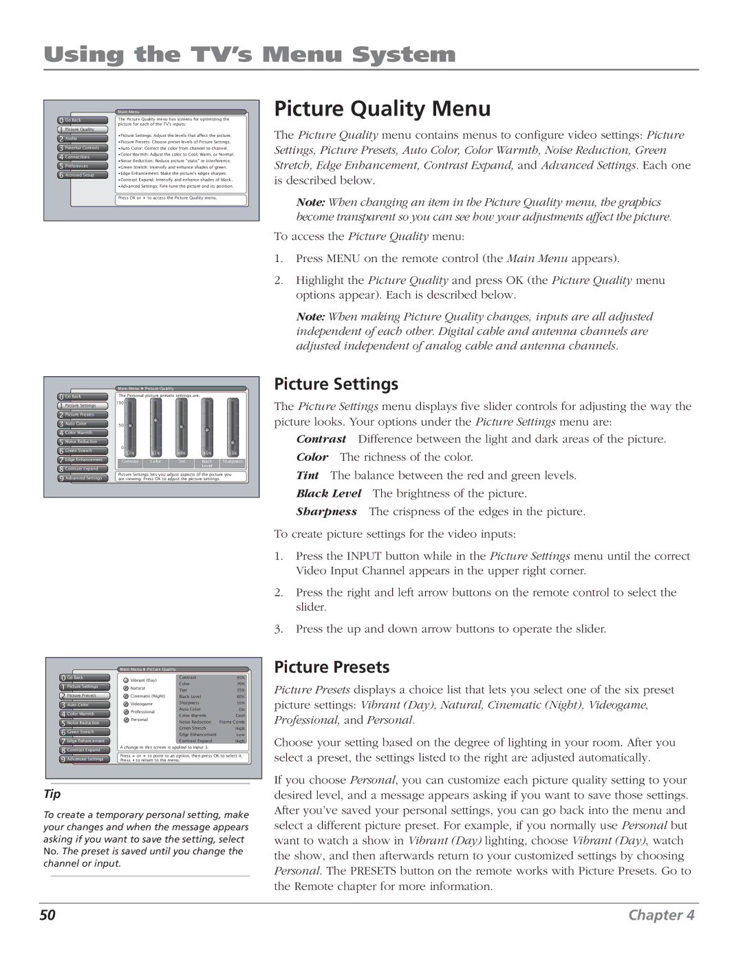 RCA HD61LPW52 manual Picture Quality Menu, Picture Settings, Picture Presets 