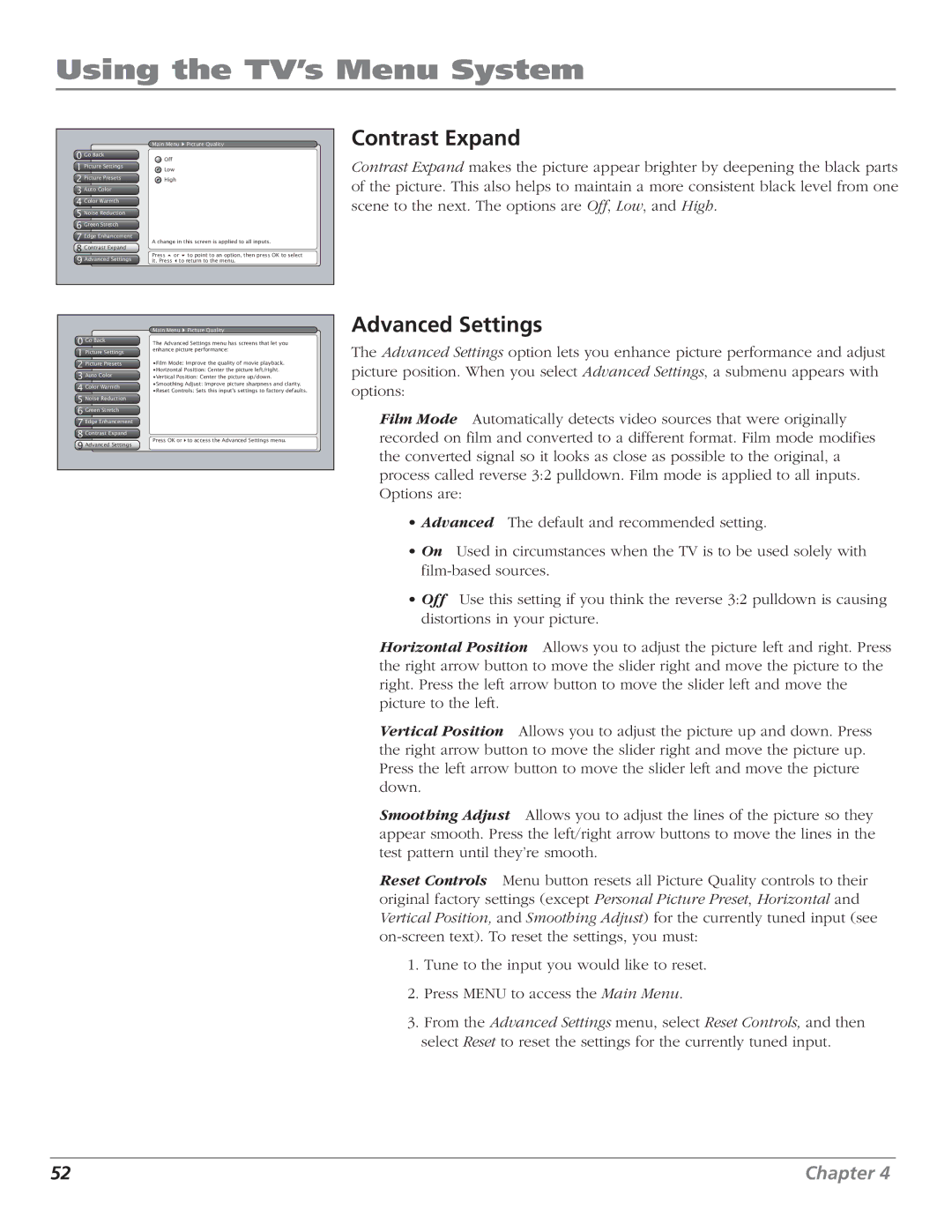 RCA HD61LPW52 manual Contrast Expand, Advanced Settings Main Menu Picture Quality 