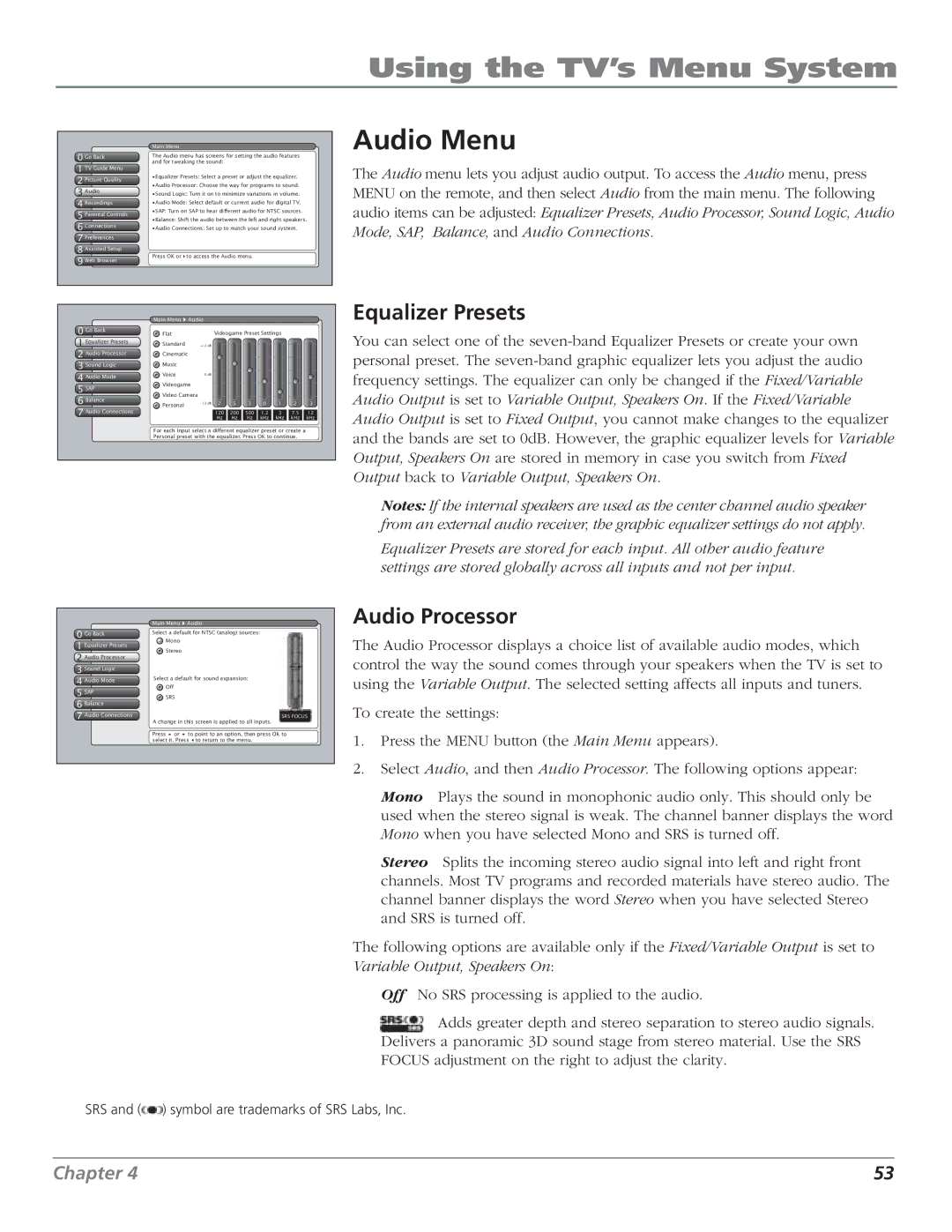 RCA HD61LPW52 manual Audio Menu, Equalizer Presets, Audio Processor 