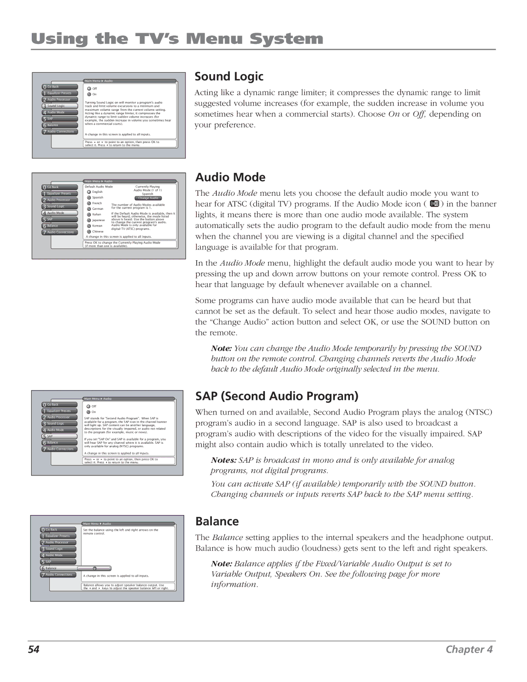 RCA HD61LPW52 manual Sound Logic, Audio Mode, SAP Second Audio Program, Balance 