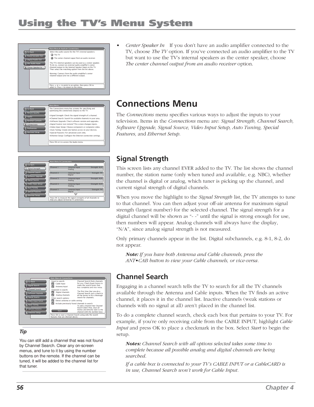 RCA HD61LPW52 manual Connections Menu, Signal Strength, Channel Search 