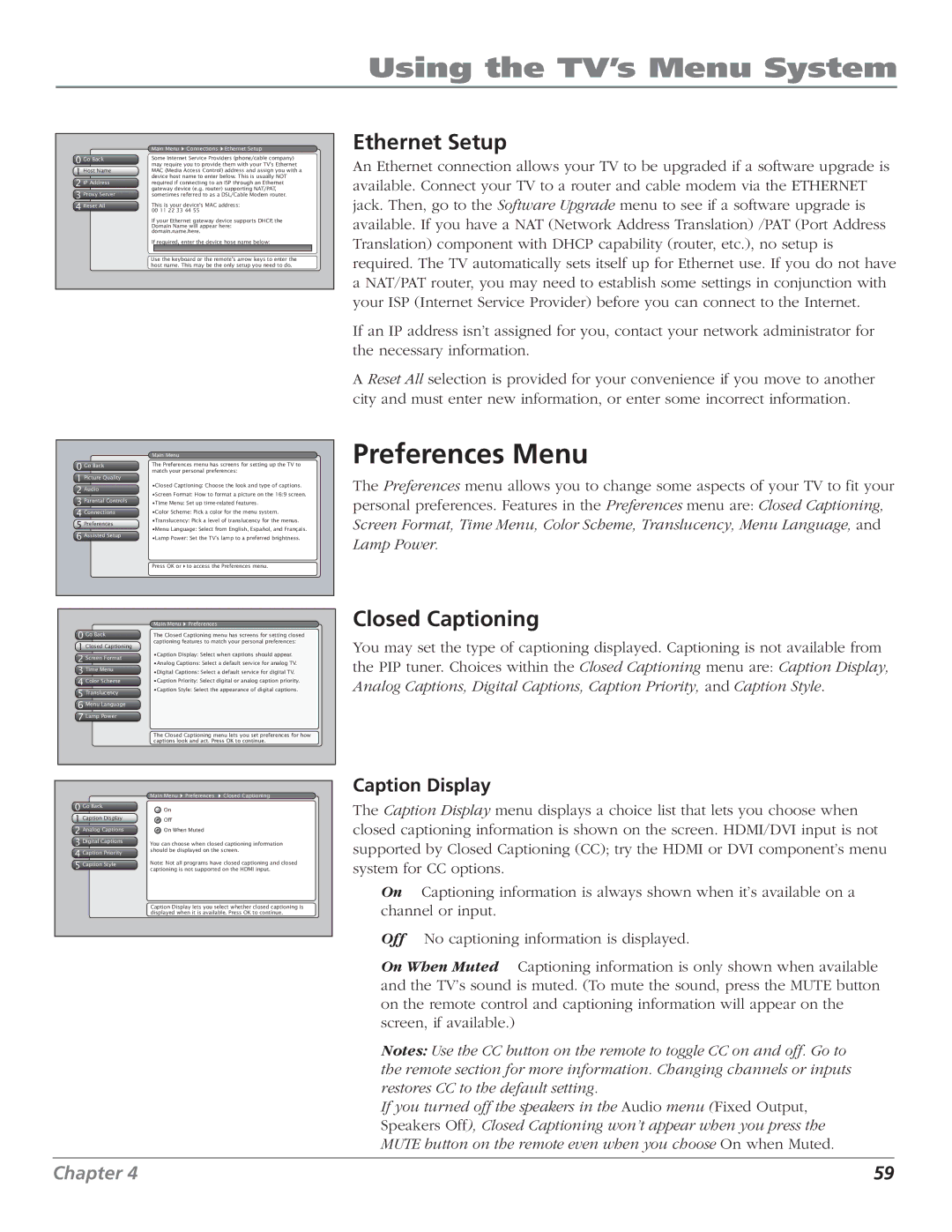 RCA HD61LPW52 manual Preferences Menu, Ethernet Setup, Closed Captioning, Caption Display 