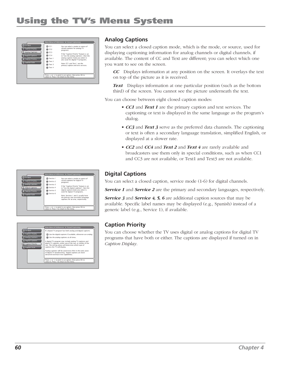 RCA HD61LPW52 manual Analog Captions, Digital Captions, Caption Priority 