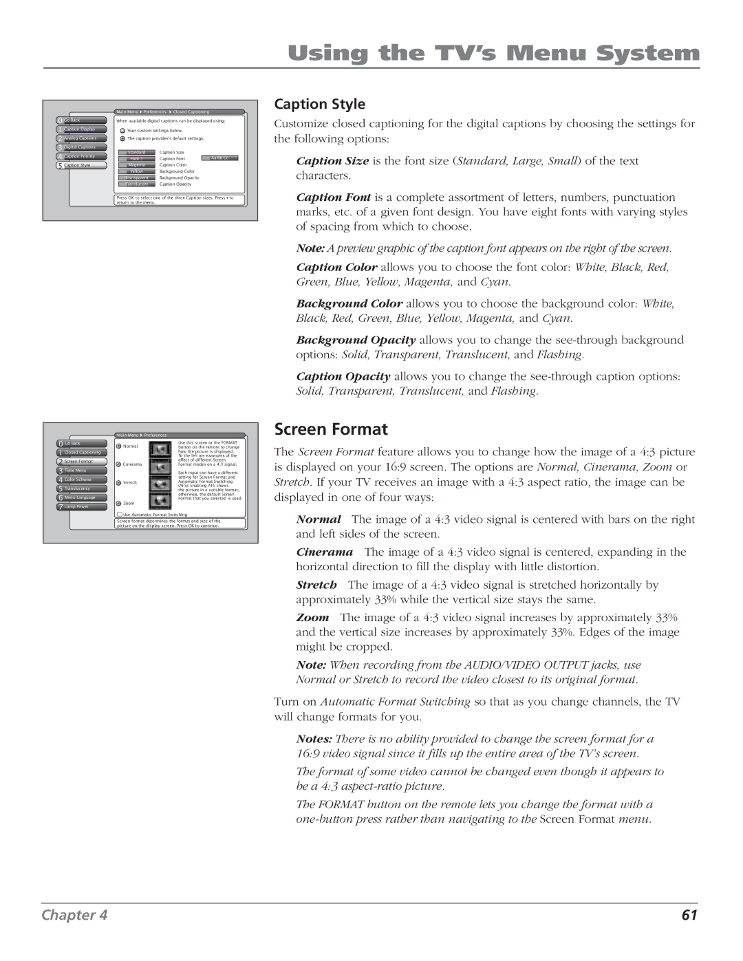 RCA HD61LPW52 manual Screen Format, Caption Style, Standard, Closed Captioning 