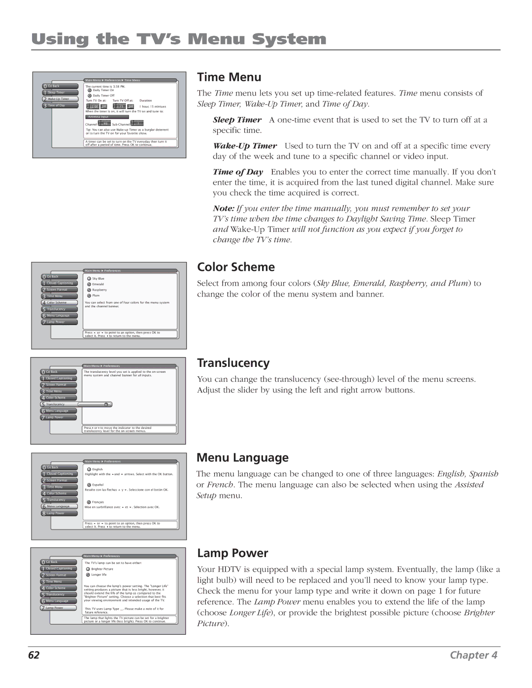 RCA HD61LPW52 manual Time Menu, Color Scheme, Translucency, Menu Language, Lamp Power 