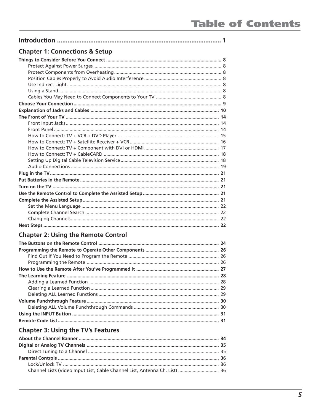 RCA HD61LPW52 manual Table of Contents 