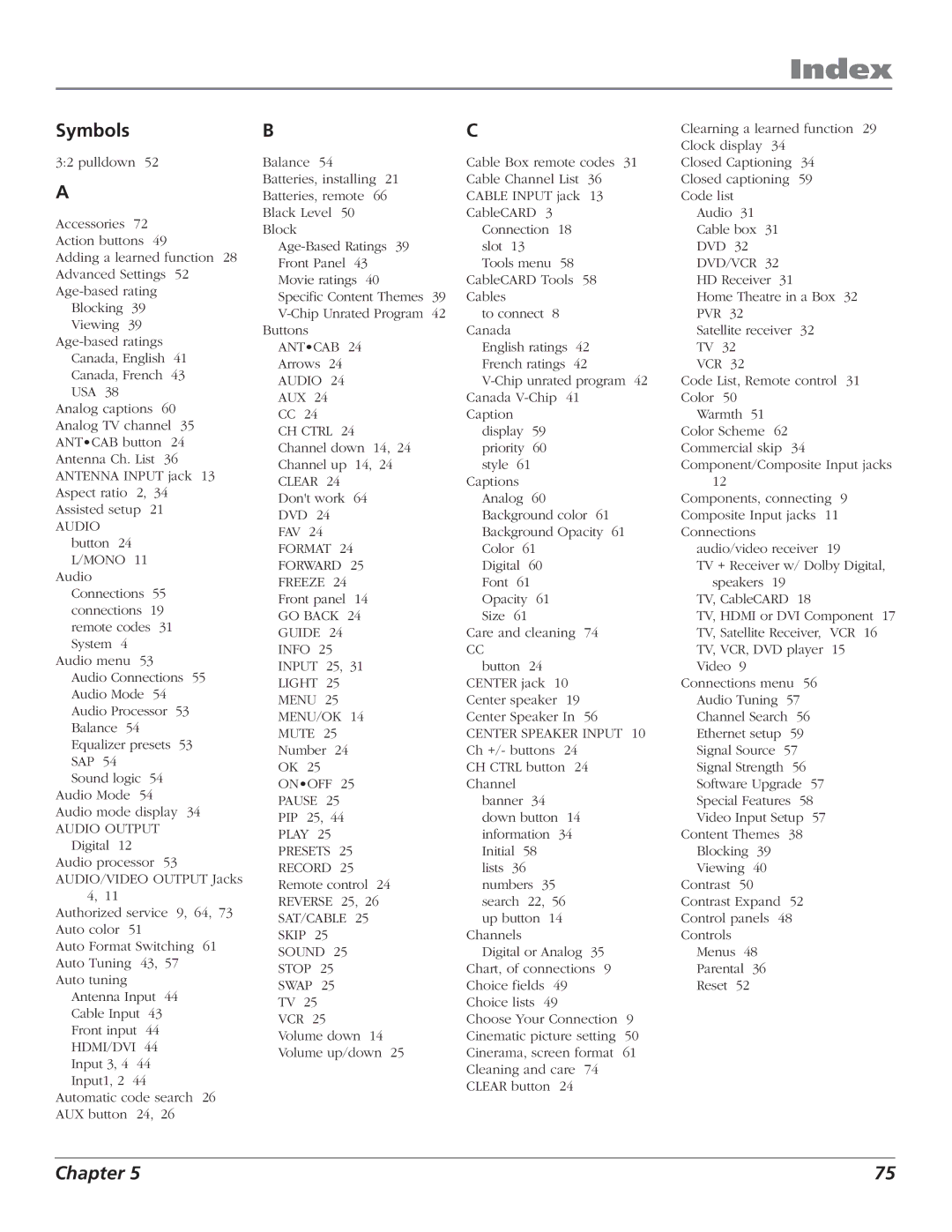 RCA HD61LPW52 manual Index, Symbols 