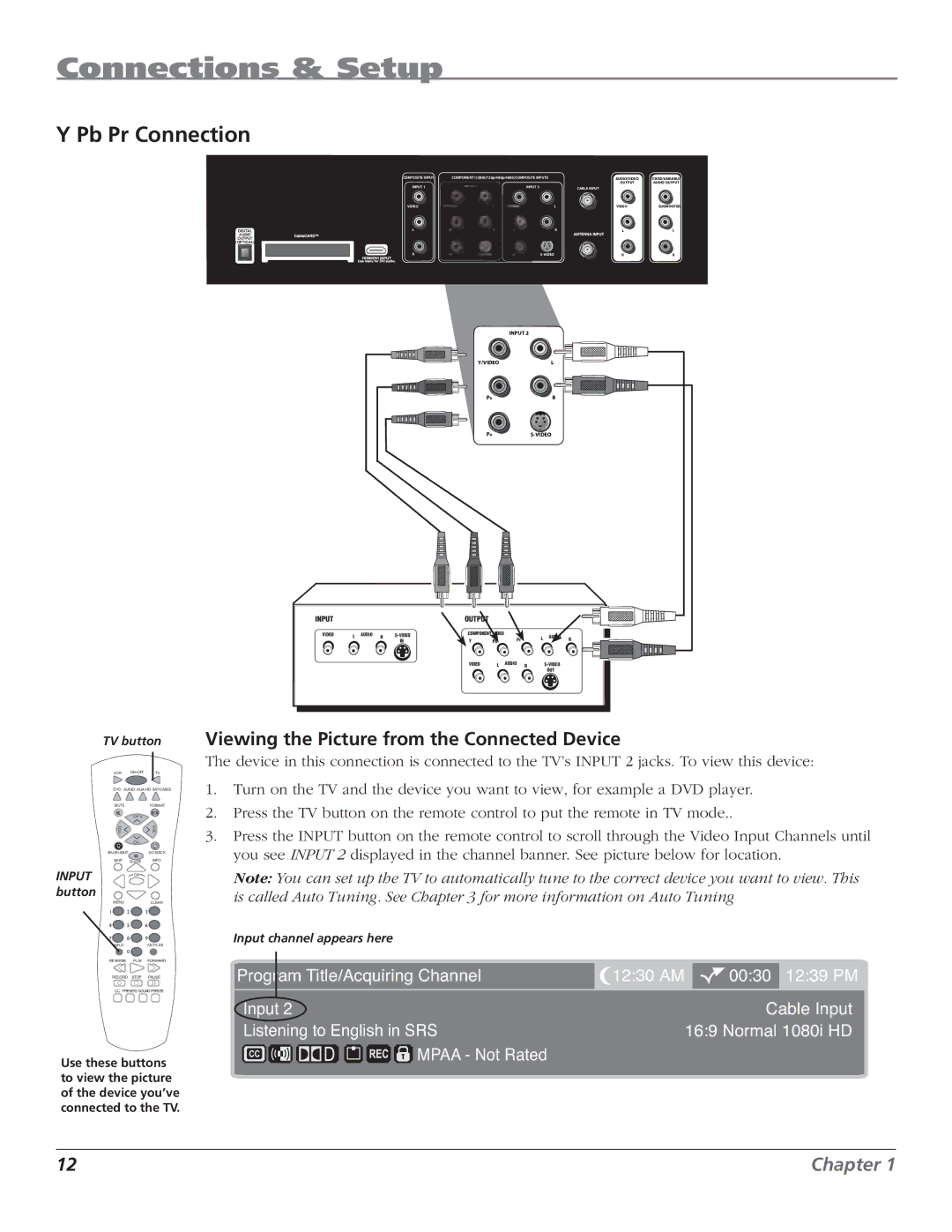 RCA HD61LPW62 manual Pb Pr Connection, Viewing the Picture from the Connected Device 