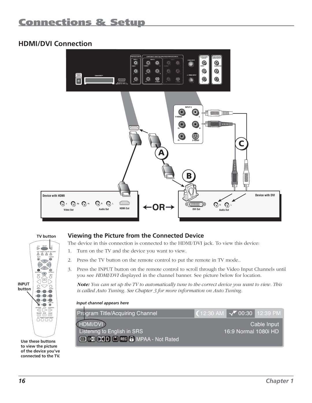 RCA HD61LPW62 manual HDMI/DVI Connection, Viewing. the Picture from the Connected Device 