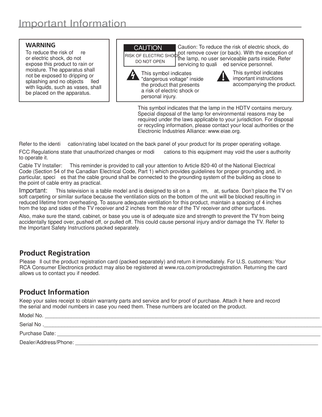 RCA HD61LPW62 manual Important Information, Product Registration Product Information 