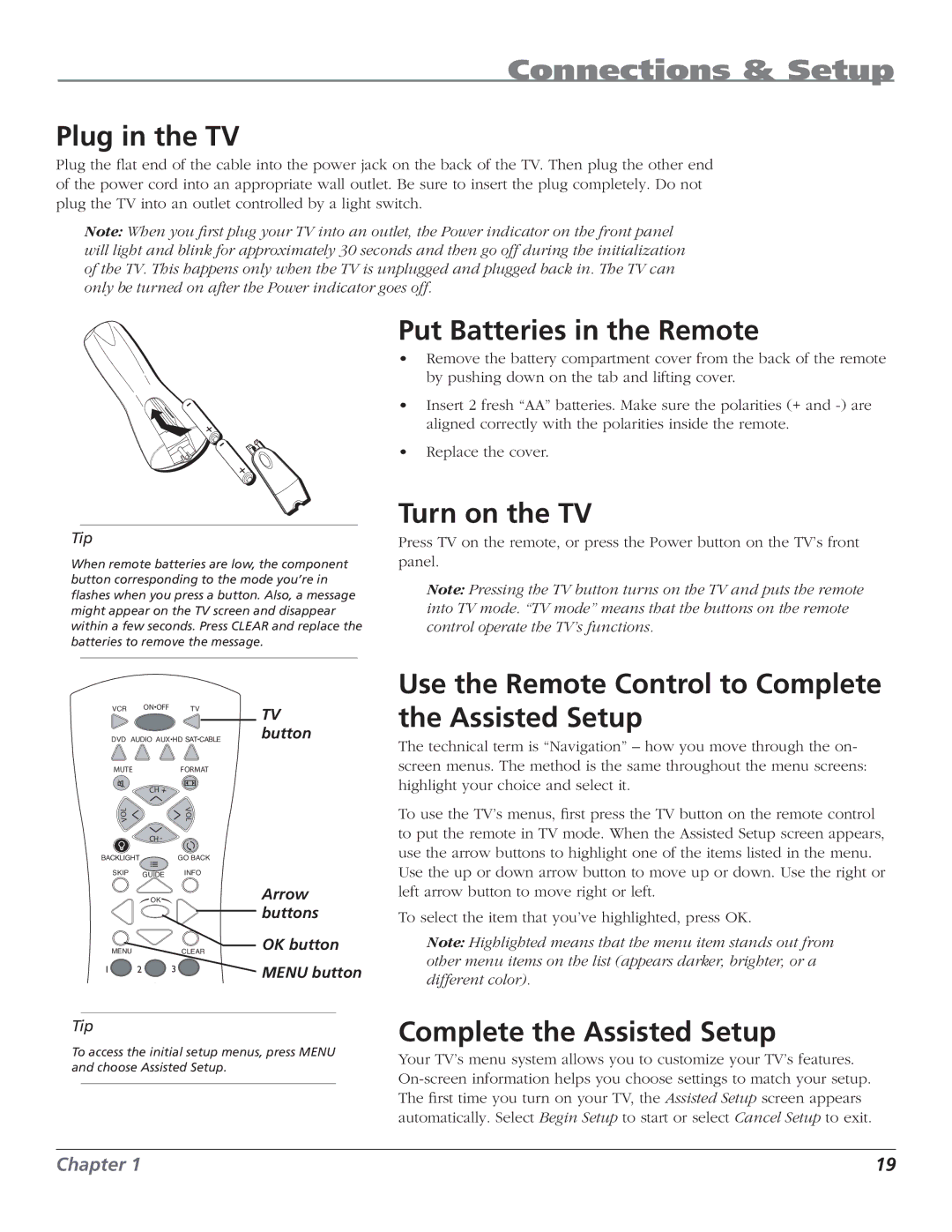 RCA HD61LPW62 manual Plug in the TV, Put Batteries in the Remote, Turn on the TV, Complete the Assisted Setup 