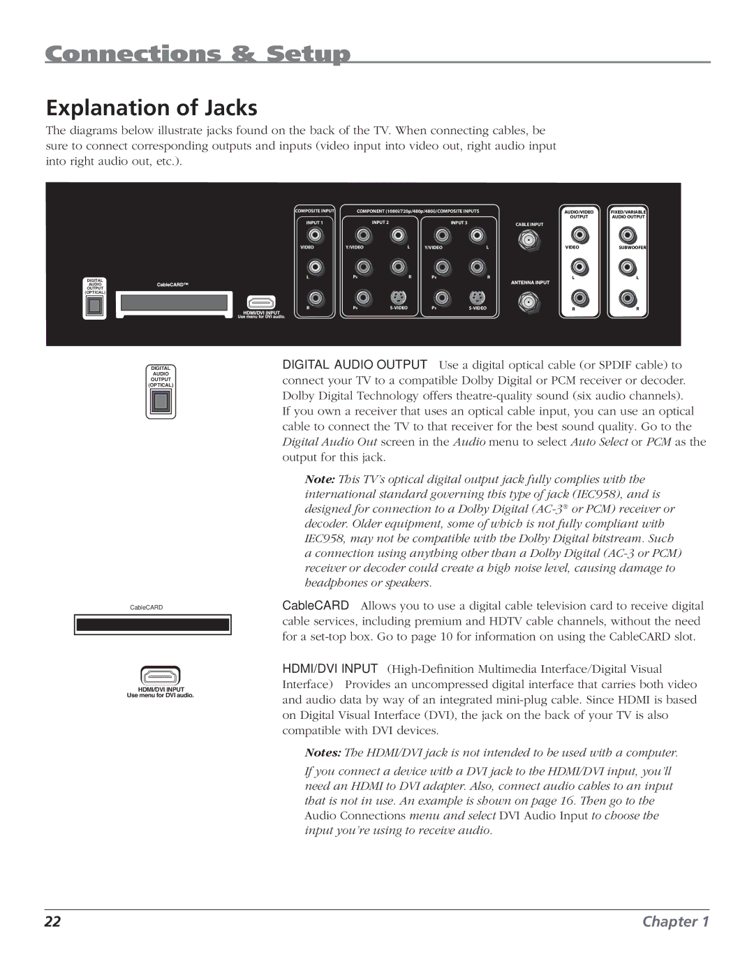 RCA HD61LPW62 manual Explanation of Jacks, HDMI/DVI Input 