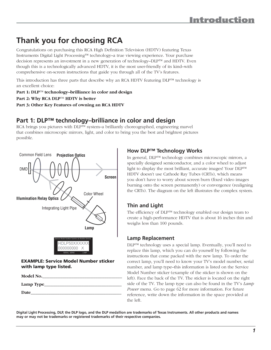 RCA HD61LPW62 manual Introduction, Thank you for choosing RCA, Part 1 DLP technology-brilliance in color and design 