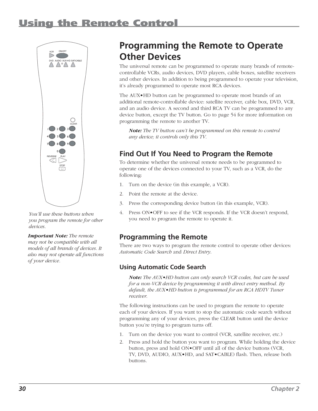 RCA HD61LPW62 manual Programming the Remote to Operate Other Devices, Find Out If You Need to Program the Remote 