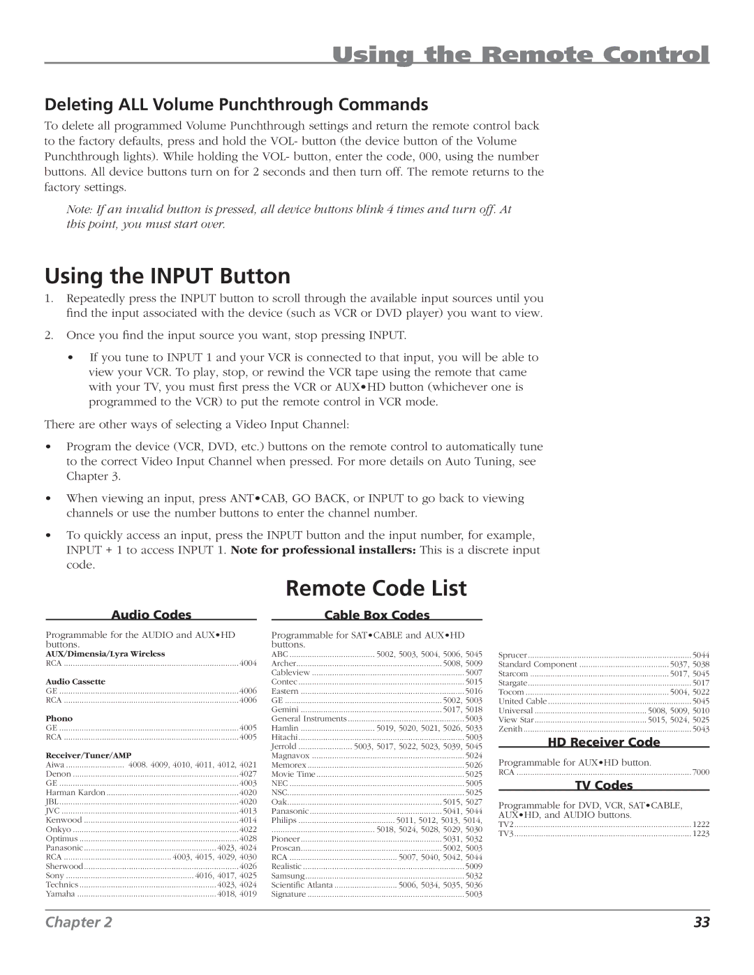 RCA HD61LPW62 manual Using the Input Button, Remote Code List, Deleting ALL Volume Punchthrough Commands 