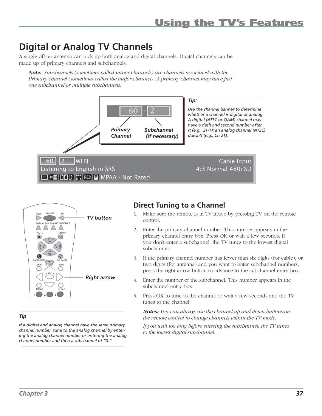 RCA HD61LPW62 manual Digital or Analog TV Channels, Direct Tuning to a Channel 