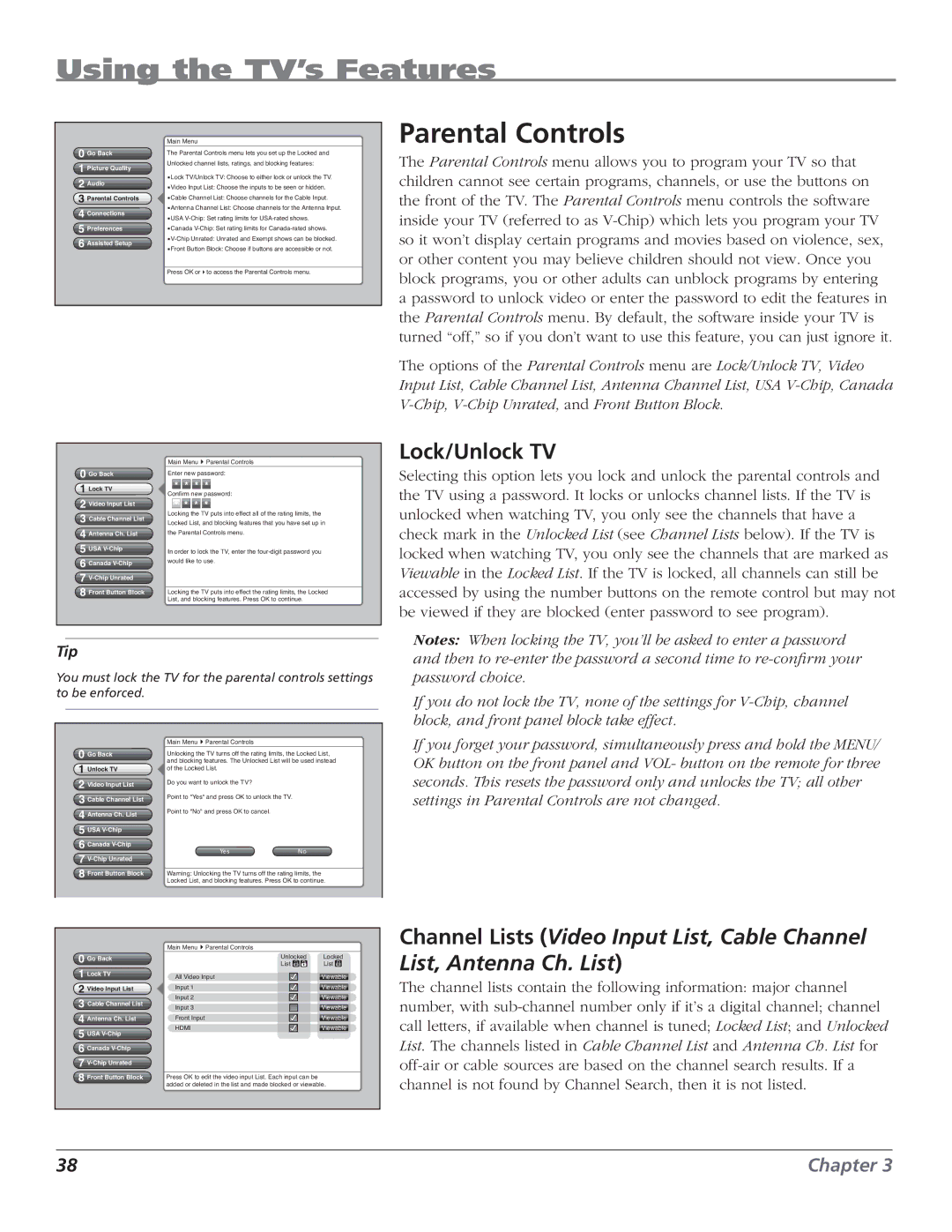 RCA HD61LPW62 manual Parental Controls, Lock/Unlock TV 