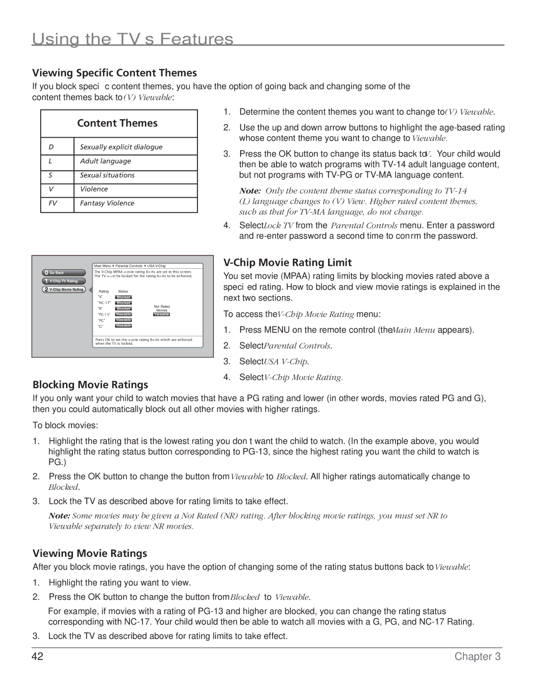 RCA HD61LPW62 manual Viewing Speciﬁc Content Themes, Chip Movie Rating Limit, Blocking Movie Ratings, Viewing Movie Ratings 