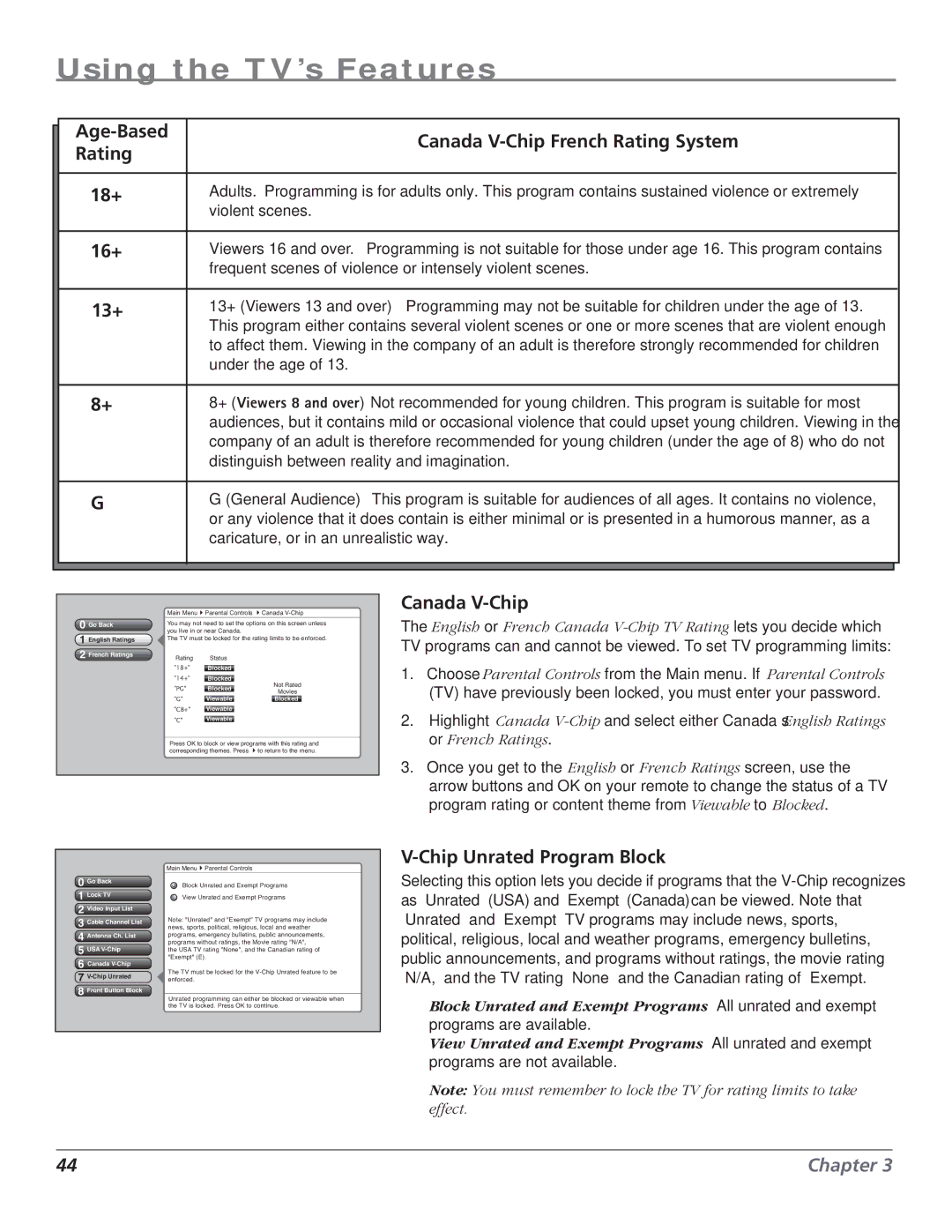 RCA HD61LPW62 manual Age-Based Canada V-Chip French Rating System 18+, 16+, 13+, Chip Unrated Program Block 