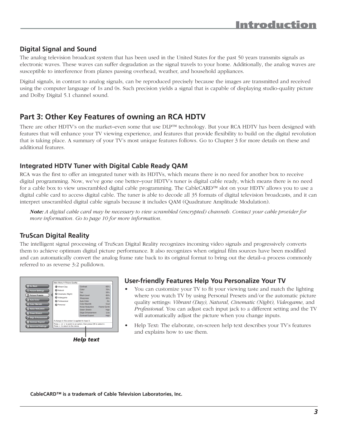 RCA HD61LPW62 manual Part 3 Other Key Features of owning an RCA Hdtv, Digital Signal and Sound, TruScan Digital Reality 