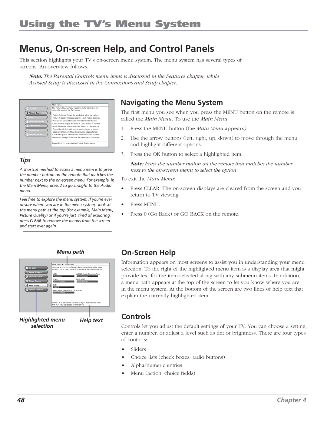 RCA HD61LPW62 Using the TV’s Menu System, Menus, On-screen Help, and Control Panels, Navigating the Menu System, Controls 