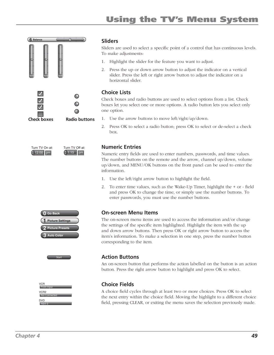 RCA HD61LPW62 manual Sliders, Choice Lists, Numeric Entries, On-screen Menu Items, Action Buttons, Choice Fields 