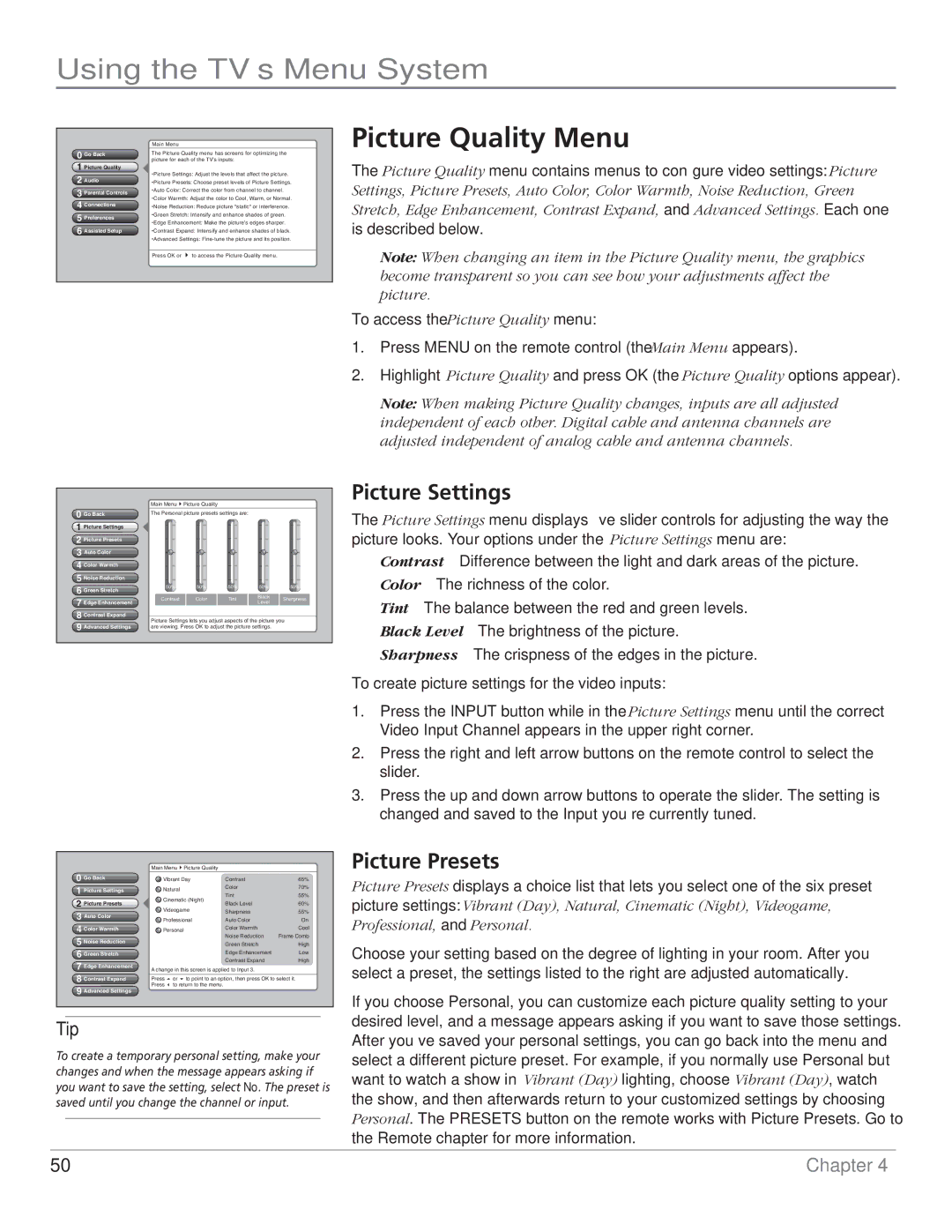 RCA HD61LPW62 manual Picture Quality Menu, Picture Settings, Picture Presets 