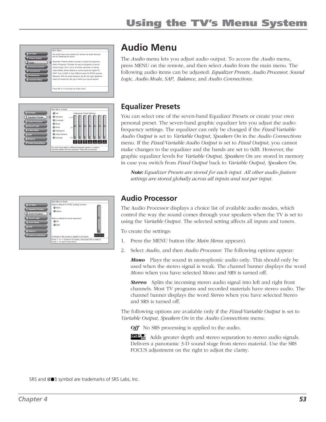 RCA HD61LPW62 manual Audio Menu, Equalizer Presets, Audio Processor 