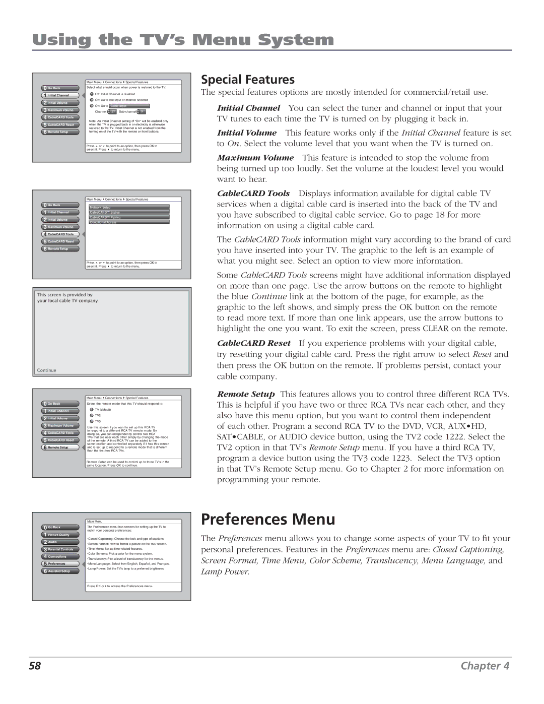 RCA HD61LPW62 manual Preferences Menu, Special Features 