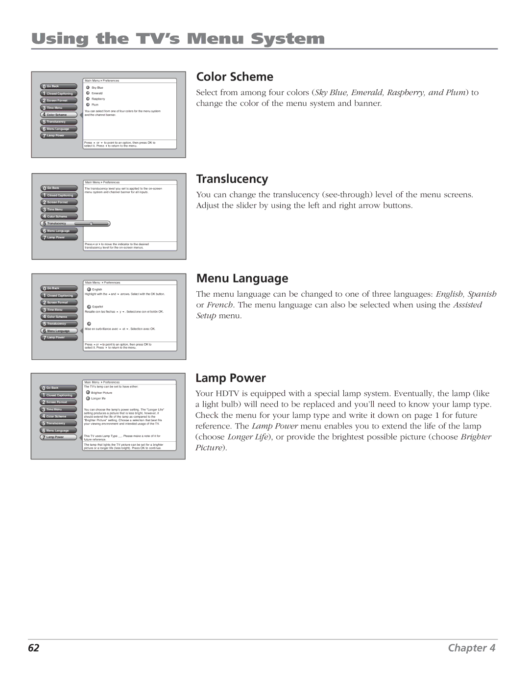 RCA HD61LPW62 manual Color Scheme, Translucency, Menu Language, Lamp Power 