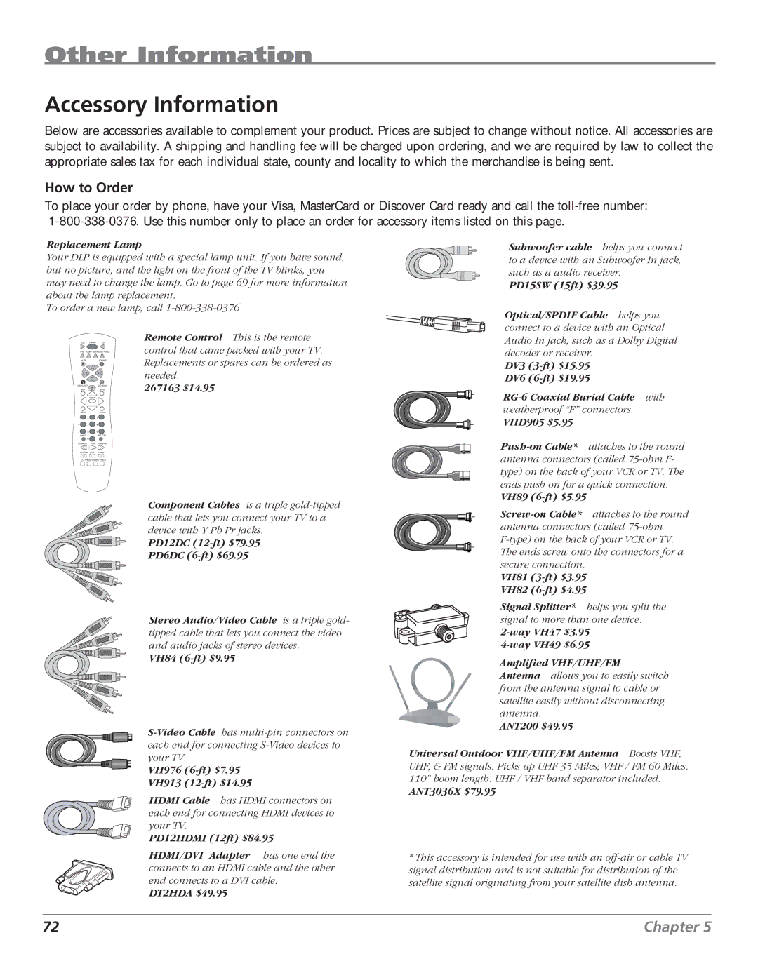 RCA HD61LPW62 manual Accessory Information, How to Order 