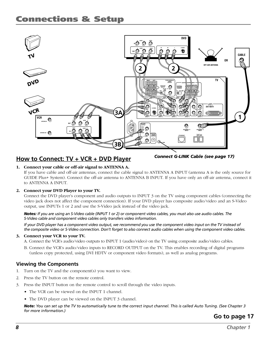 RCA HD61W140, HD65W140 manual How to Connect TV + VCR + DVD Player, Go to, Viewing the Components 