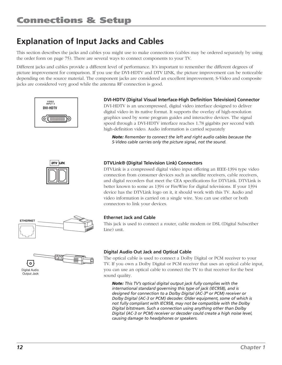 RCA HD61W140 Explanation of Input Jacks and Cables, DTVLink Digital Television Link Connectors, Ethernet Jack and Cable 