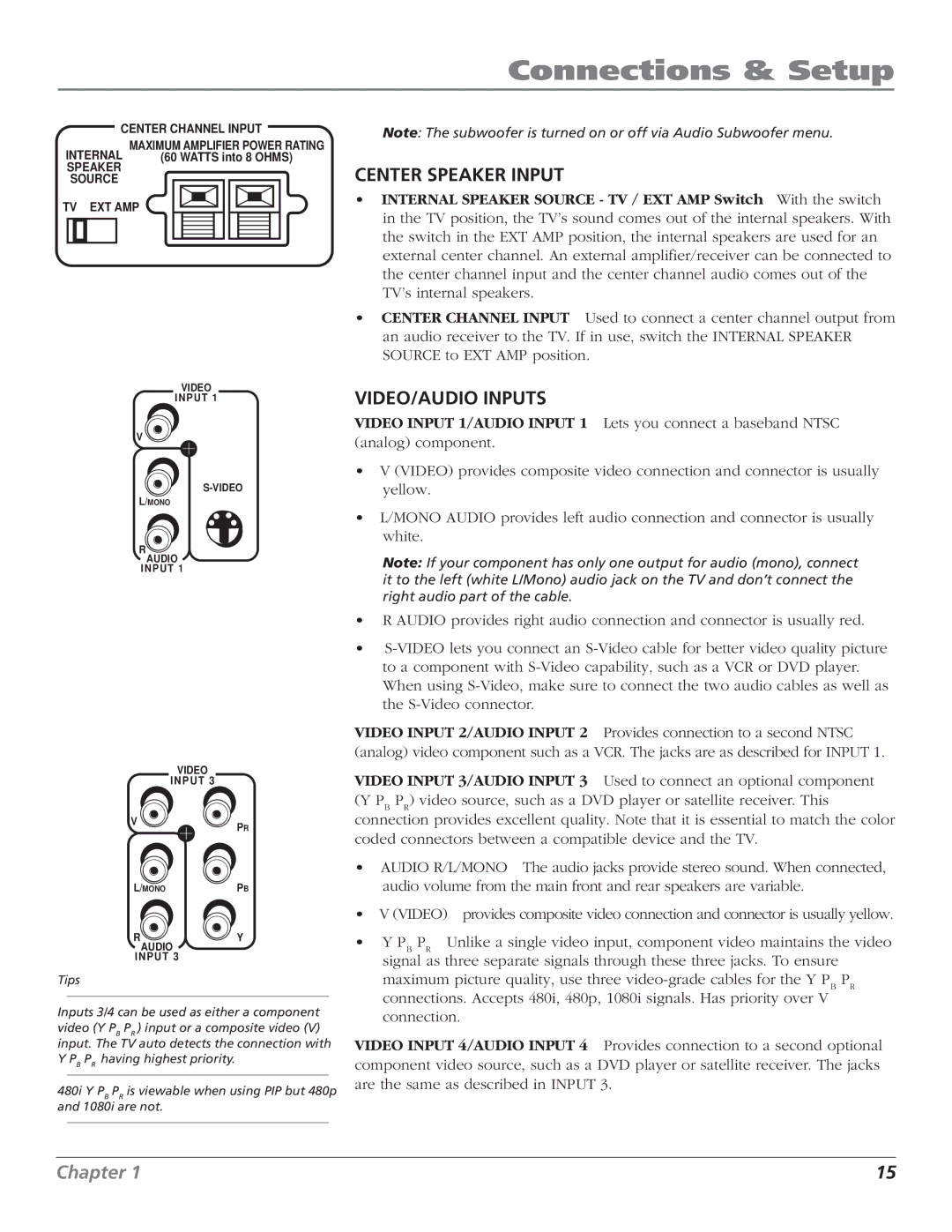 RCA HD65W140, HD61W140 manual Center Speaker Input 