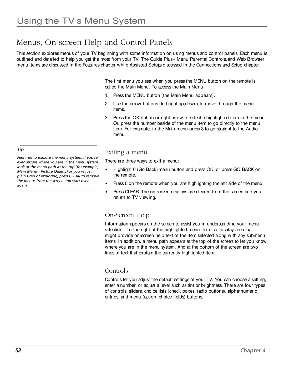 RCA HD61W140, HD65W140 manual Menus, On-screen Help and Control Panels, Exiting a menu, On-Screen Help, Controls 