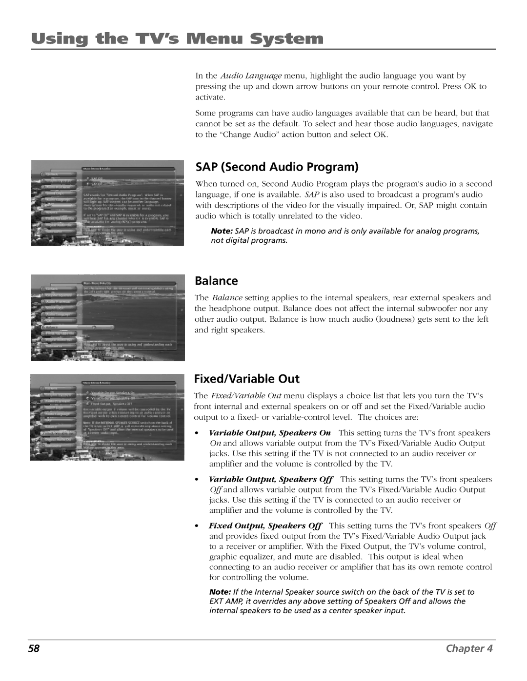 RCA HD61W140, HD65W140 manual SAP Second Audio Program, Balance, Fixed/Variable Out 