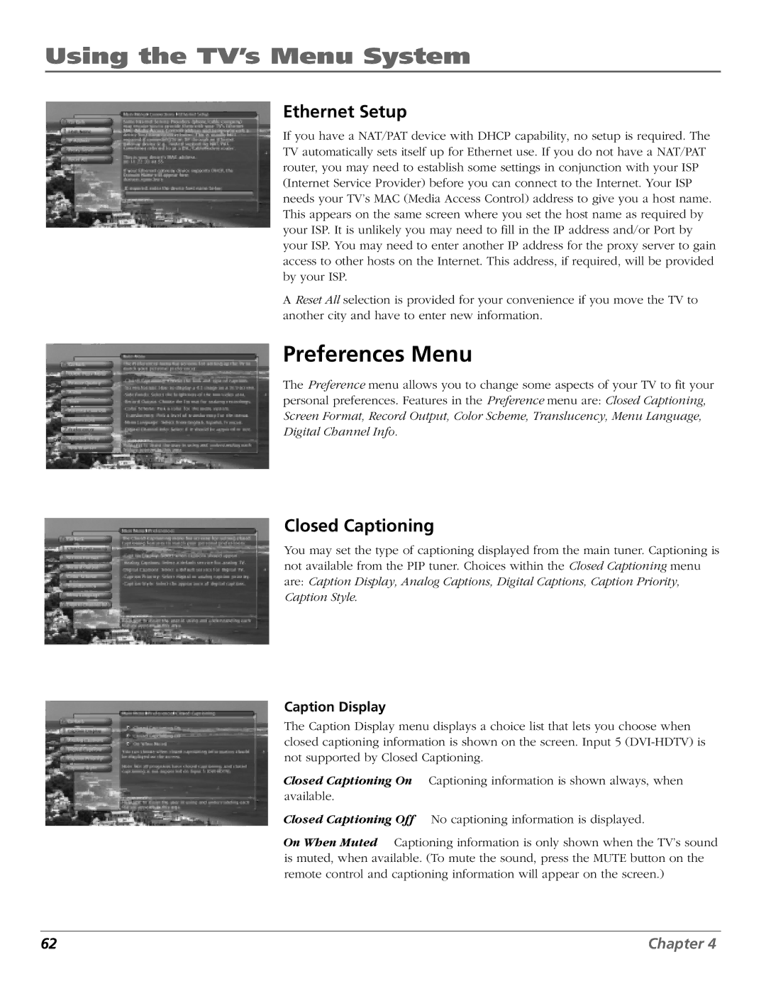 RCA HD61W140, HD65W140 manual Preferences Menu, Ethernet Setup, Closed Captioning 