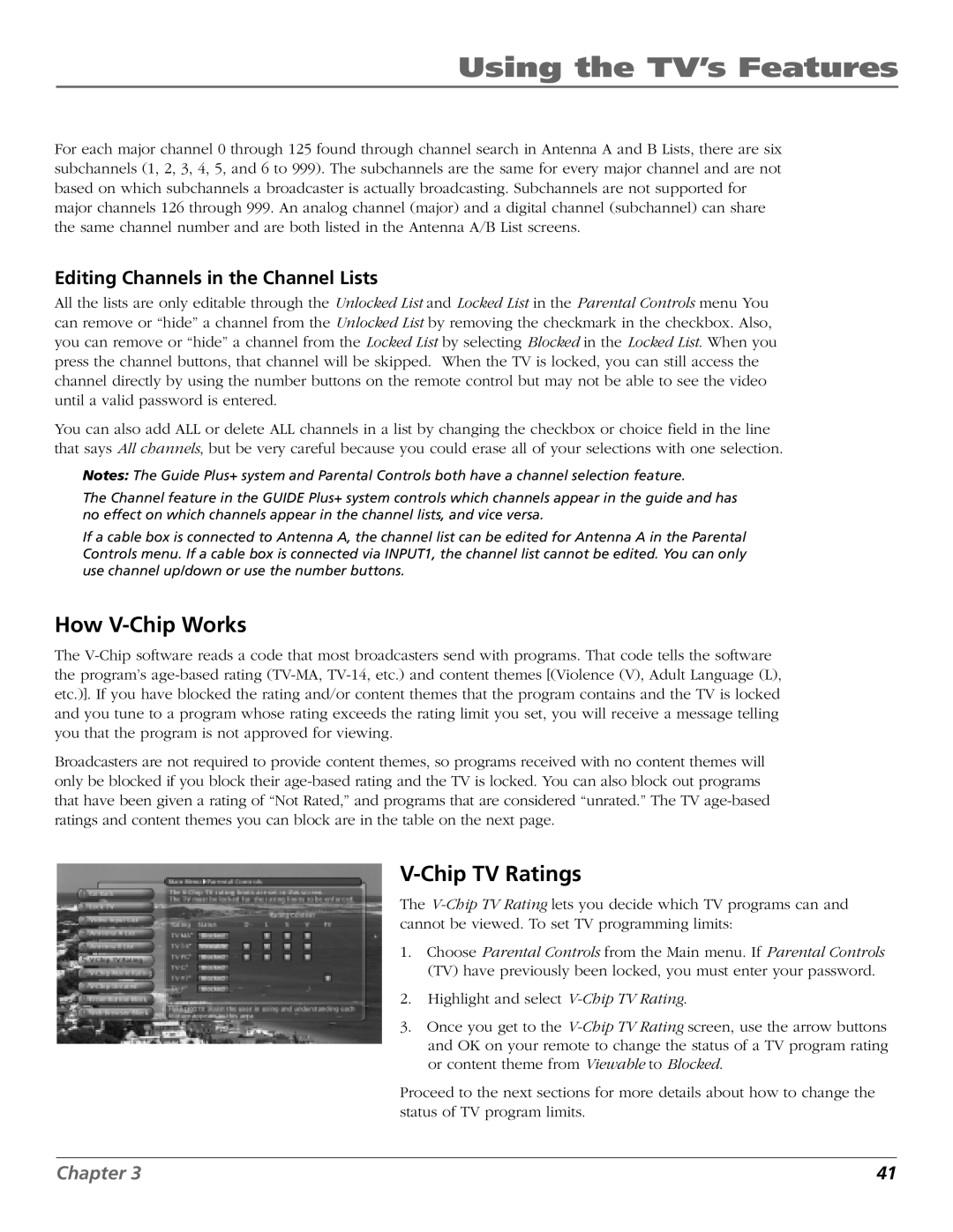 RCA HD65W140, HD61W140 manual How V-Chip Works, Chip TV Ratings, Editing Channels in the Channel Lists 
