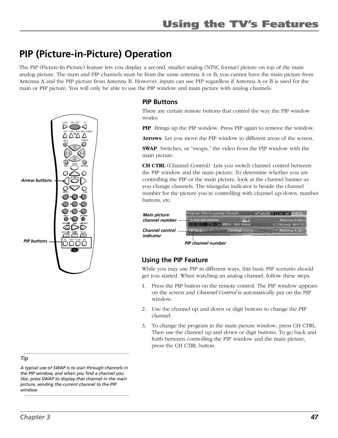 RCA HD65W140, HD61W140 manual PIP Picture-in-Picture Operation, PIP Buttons, Using the PIP Feature 