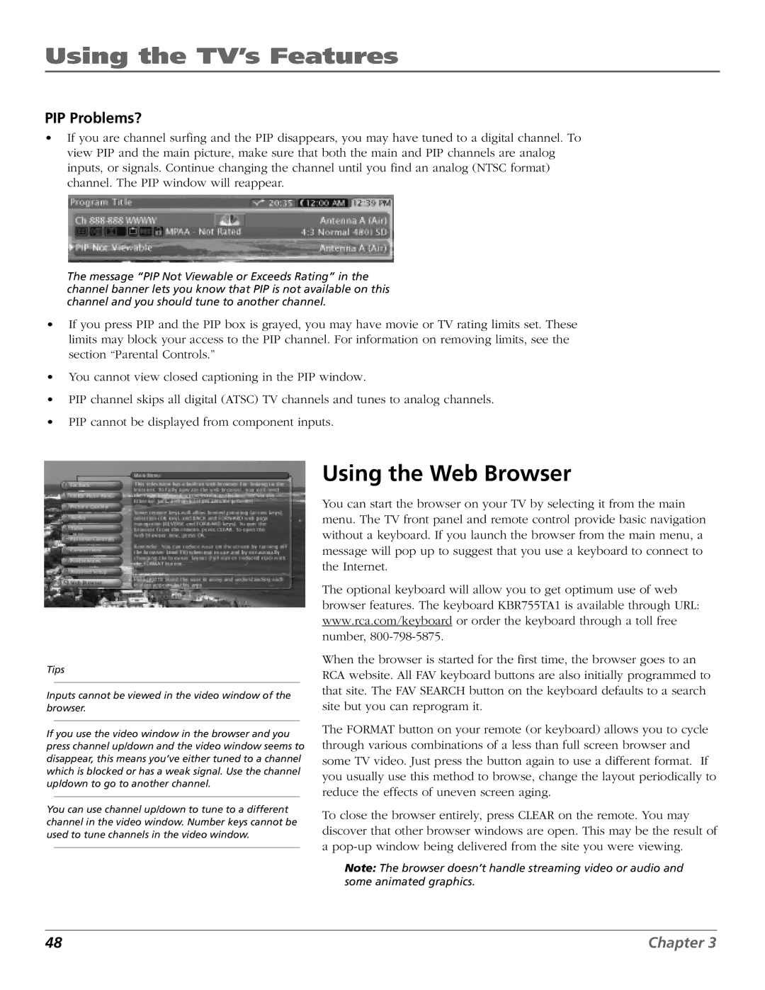 RCA HD61W140, HD65W140 manual Using the Web Browser, PIP Problems? 