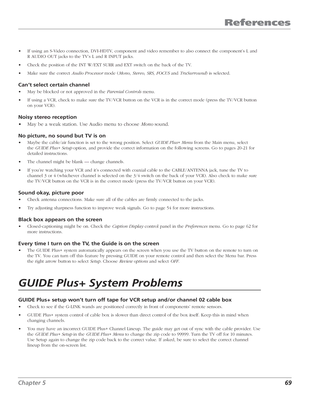 RCA HD65W140, HD61W140 manual Can’t select certain channel, Noisy stereo reception, No picture, no sound but TV is on 