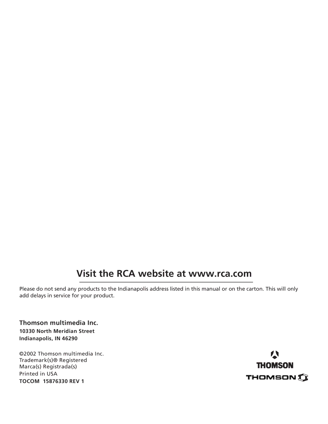 RCA HD61W140, HD65W140 manual Thomson multimedia Inc, North Meridian Street Indianapolis, Tocom 15876330 REV 