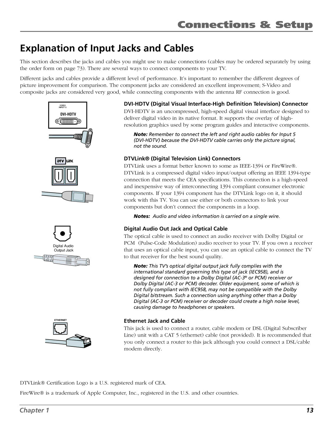 RCA HD65W40 manual Explanation of Input Jacks and Cables, DTVLink Digital Television Link Connectors 