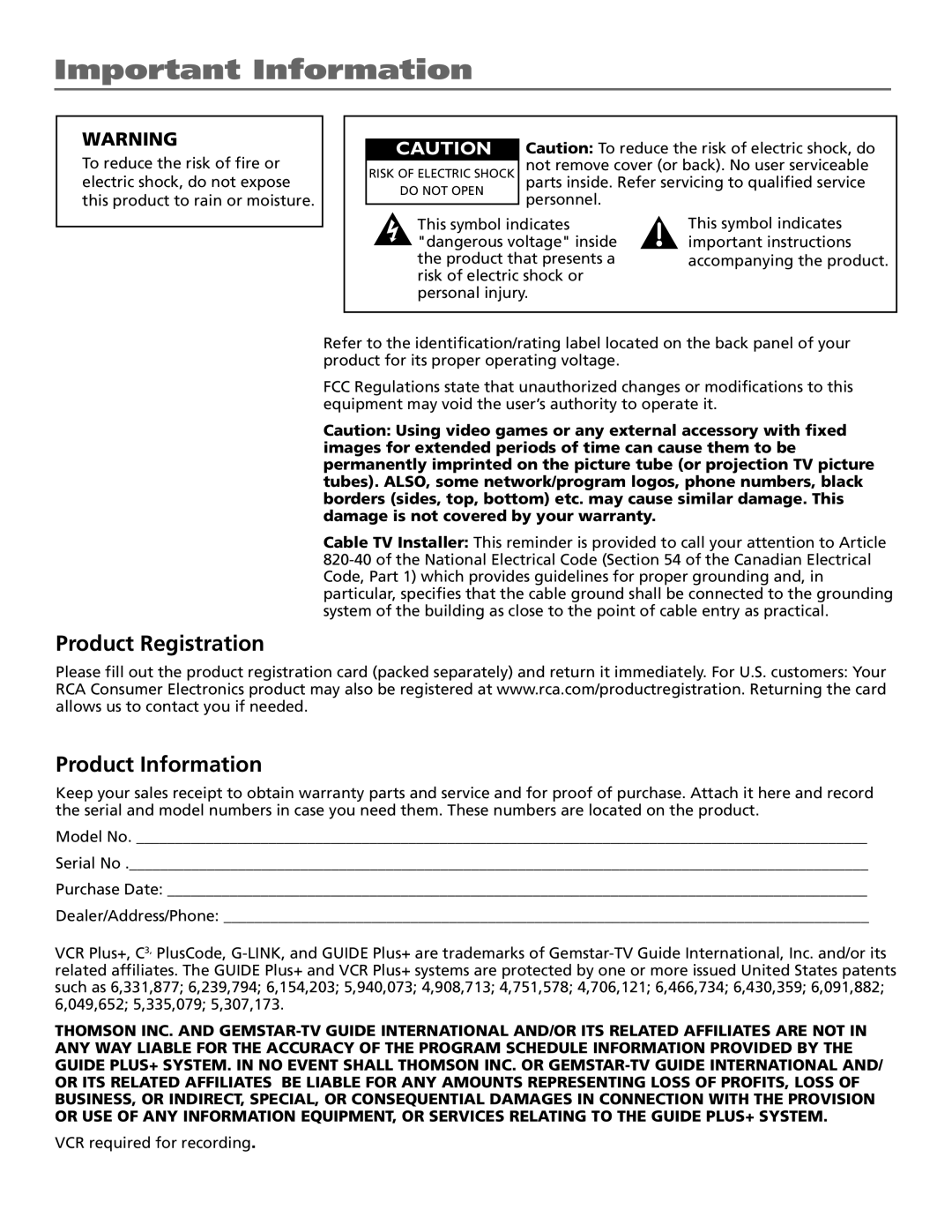 RCA HD65W40 manual Important Information, Product Registration Product Information 