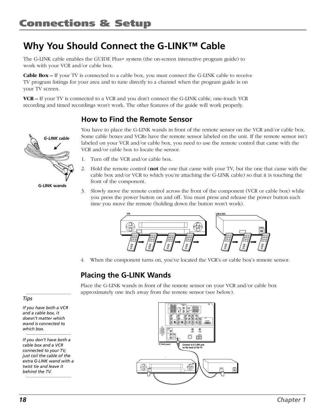 RCA HD65W40 manual Why You Should Connect the G-LINK Cable, How to Find the Remote Sensor, Placing the G-LINK Wands 