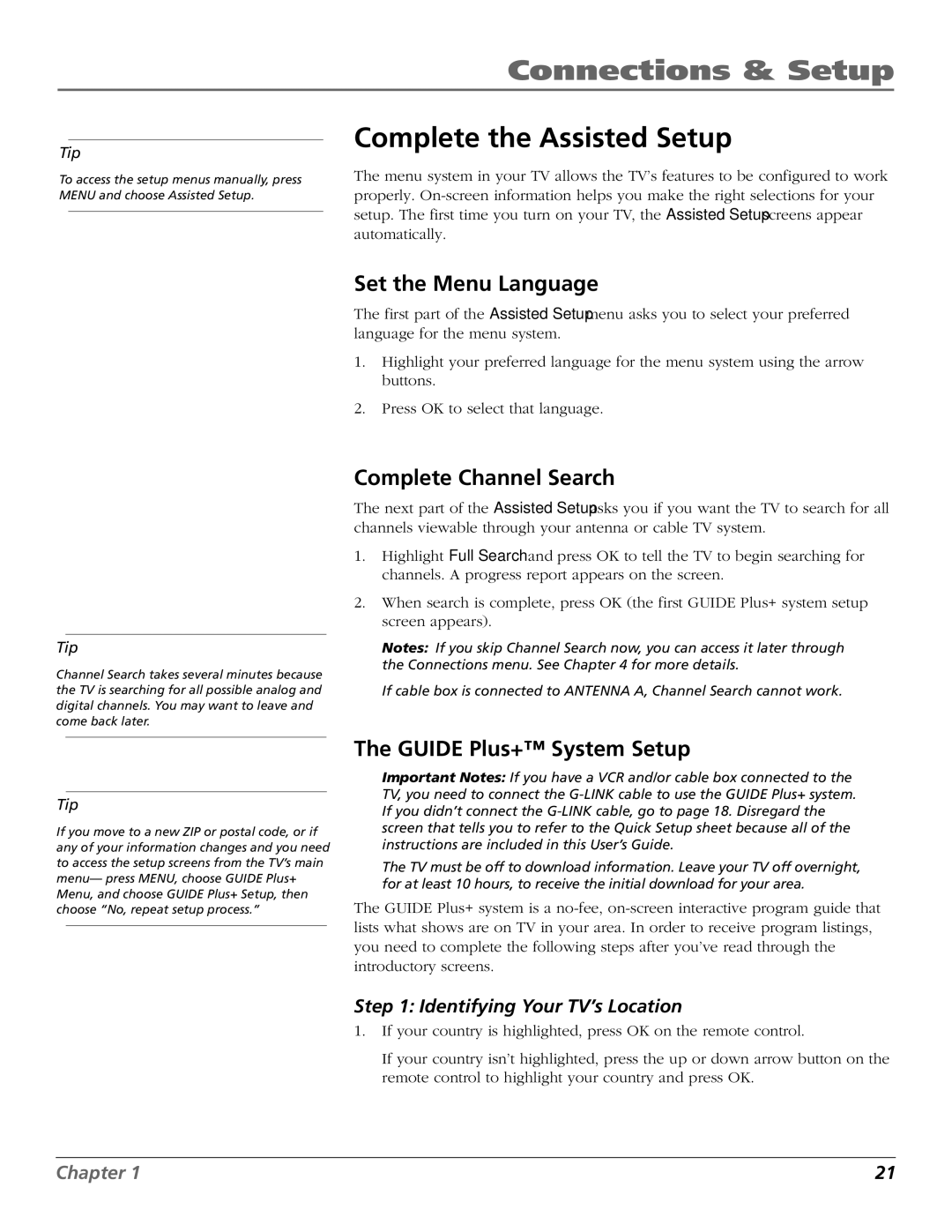 RCA HD65W40 manual Complete the Assisted Setup, Set the Menu Language, Complete Channel Search, Guide Plus+ System Setup 